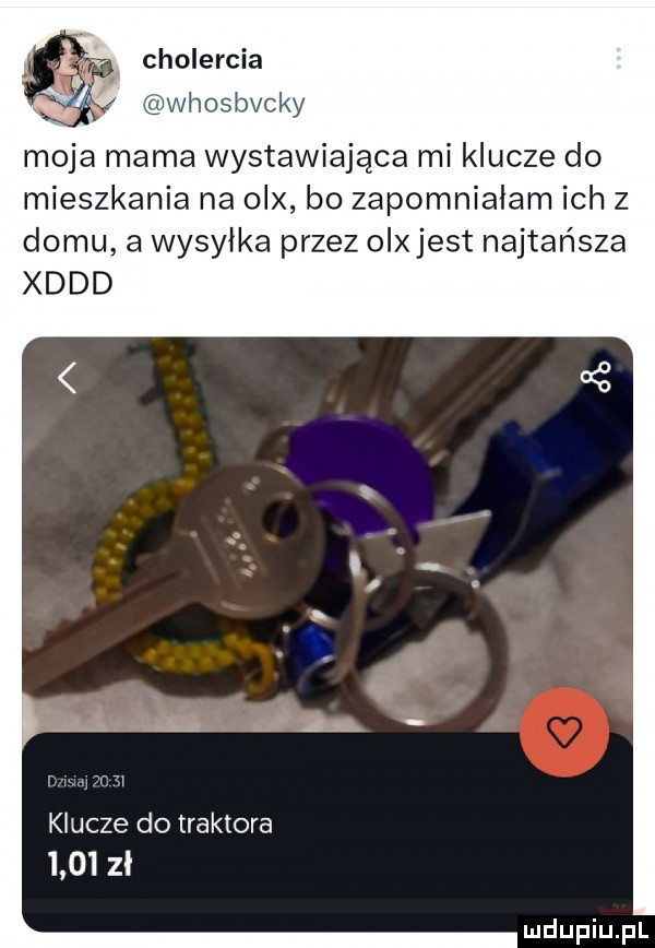 cholercia rivwhosbvcky moja mama wystawiająca mi klucze do mieszkania na olx bo zapomnialam ich z domu a wysyłka przez olxjest najtańsza xddd klucze do traktora      zł