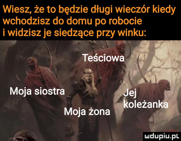 wiesz że to będzie długi wieczór kiedy wchodzisz do domu po robocie i widzisz je siedzące przy winku moja siostra.   moja żona mdupiusz