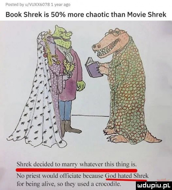 blok shrek is    more chaotic tran mobie shrek shrek decided io marry whatever tais thing is. no priest would olticialc because gad halcd shmk for being alice so they used a cmcodil
