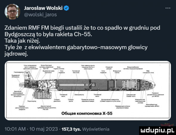 jaroslaw wolskio l ll u zdaniem rmf fm biegli ustalili że to co spadlo w grudniu pod bydgoszczą to byla rakieta ch   . takajak niżej. tyle że z ekwiwalentem gabarytowo masowym glowicy jądrowej