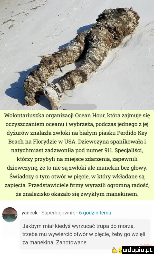 wolontariuszka organizacji ocean hour która zajmuje się oczyszczaniem oceanu i wybrzeża podczas jednego z jej dyżurów znalazla zwłoki na bialym piasku perdido kły blach na florydzie w usa. dziewczyna spanikowala i natychmiast zadzwonila pod numer    . specjaliści którzy przybyli na miejsce zdarzenia zapewnili dziewczynę że to nie są zwloki ale manekin bez głowy. świadczy o tym otwór w pięcie w który wkładane są zapięcia. przedstawiciele firmy wyrazili ogromną radość że znalezisko okazało się zwykłym manekinem. abakankami yaneck. superbojownik   godzin temu jakbym mial kiedyś wyrzucać trupa do morza trzeba mu wywiercić otwór w pięcie żeby go wżęli za manekina. zanotowane. abakankami ludupi