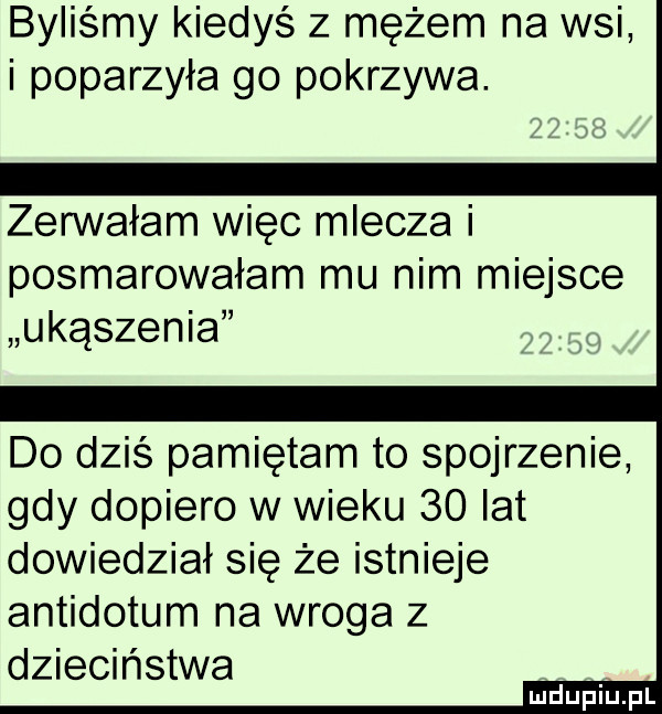 byliśmy kiedyś z mężem na wsi i poparzyła go pokrzywa. zegnałam więc mlecza i posmarowałam mu nim miejsce ukąszenia do dziś pamiętam to spojrzenie gdy dopiero w wieku    ikt dowiedział się że istnieje antidotum na wroga z dzieciństwa