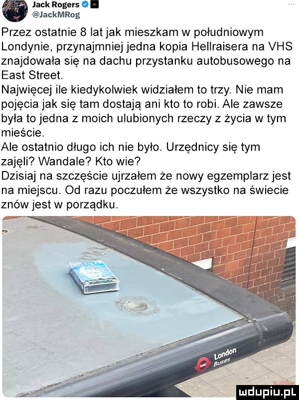 jack rogers ol jackmrog przez ostatnie   lat jak mieszkam w południowym londynie przynajmniej jedna kopia hellraisera na vhs znajdowala się na dachu przystanku autobusowego na east street. najwięcej ile kiedykolwiek widzialem to trzy. nie mam pojęcia jak się tam dostają ani kto to robi. ale zawsze była to jedna z moich ulubionych rzeczy z życia w tym mieście. ale ostatnio dlugo ich nie bylo urzędnicy się tym zajęli wandale kto wie dzisiaj na szczęście ujrzalem że nowy egzemplarz jest na miejscu. od razu poczulem że wszystko na swiecie znów jest w porządku. ludu iu. l