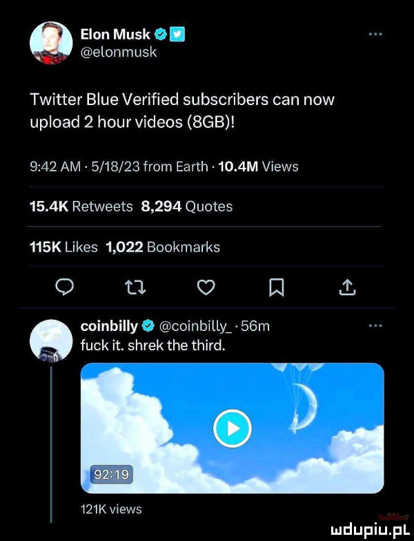 elan munk el elonmusk twitter blue verified subscribers cen now upload   hour videos bab      am         from earth.     m views     k retweets       quotes    k limes       bookmarks o t    d i. coinbilly o coinbillyf   m funk it. shrek tee third.    k views