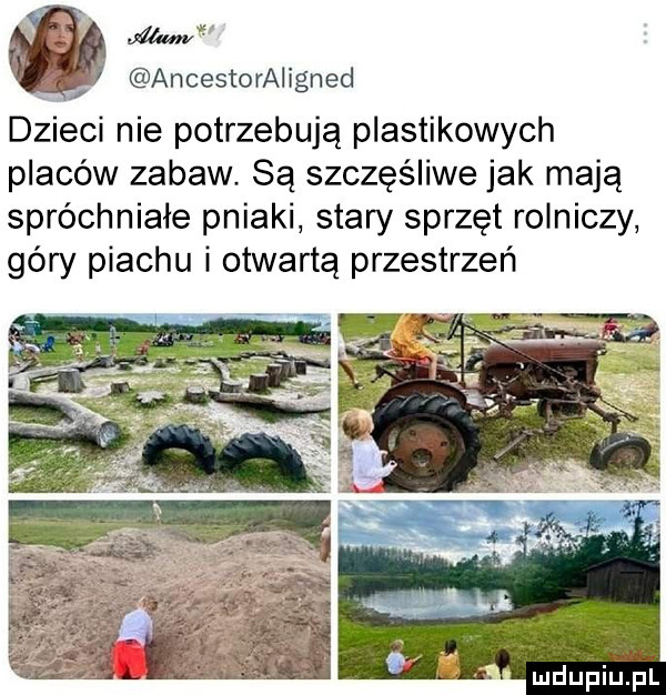 a vs ancestoraligned dzieci nie potrzebują plastikowych placów zabaw. są szczęśliwe jak mają spróchniałe pniaki stary sprzęt rolniczy góry piachu i otwartą przestrzeń