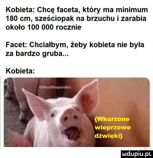 kobieta chcę faceta który ma minimum     cm sześciopak na brzuchu i zarabia około         rocznie facet chciałbym żeby kobieta nie była za bardzo gruba. kobieta wieprz dźwięki ludu iu. l