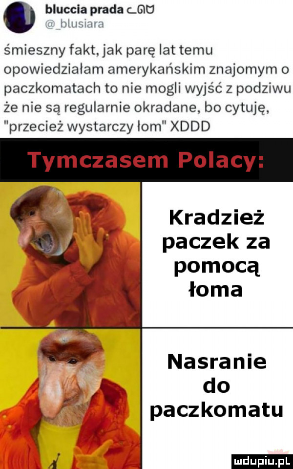 o bluccla prada cam eumumm śmieszny fakt. jak parę lat temu opowiedziałam amerykańskim znajomym o paczkomatach to nie mogli wyjść z podziwu że nie są regularnie okradane bo cytuję przecież wystarczy ibm xddd tymczasem polacy kradzież paczek za pomocą nasranie do paczkomatu ludu iu. l