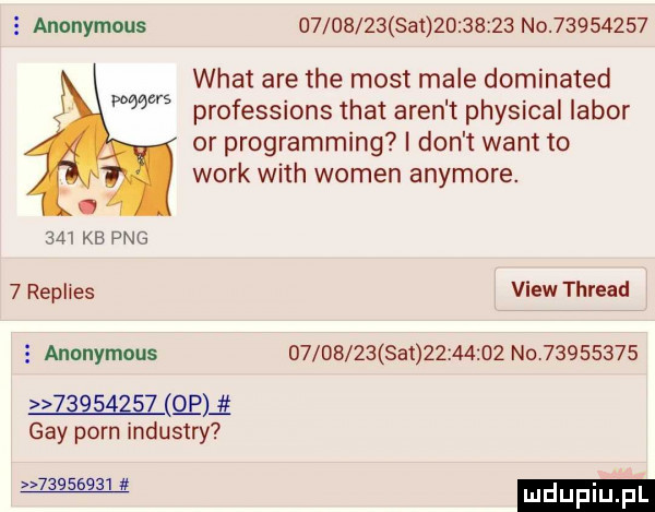 anonymous          sa           no          wiat are tee most male dominated w professions trat aren t physical libor or programming i don t want to werk with wojen anymore. o     kb pbg   replies view thread e anonymous          set          no                   o p g gay poen industry w mdupi