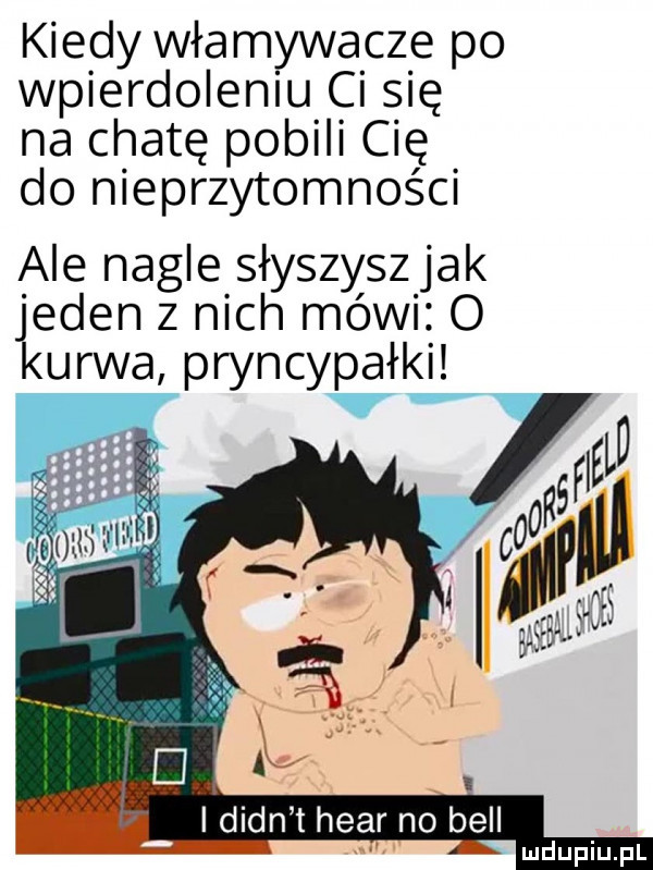 kiedy włamywacze po wpierdoleniu ci się na chatę pobili cię do nieprzytomności ale nagle słyszyszjak jeden z nich mów o kurwa pryncypałki i dian t hvar no bell