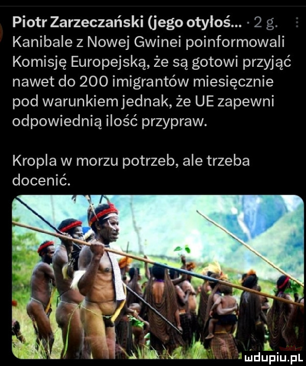 piotr zarzeczański jego otyłoś.   g. kanibale z nowej gwinei poinformowali komisję europejską że są gotowi przyjąć nawet do     imigrantów miesięcznie pod warunkiemjednak że ue zapewni odpowiednią ilość przypraw. kropla w morzu potrzeb ale trzeba docenić