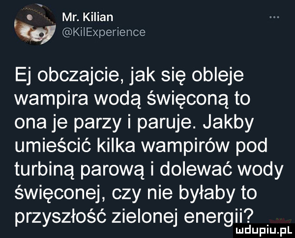 mr. kilian kiiexpenence ej obczajcie jak się obleje wampira wodą święconą to ona je parzy i paruje. jakby umieścić kilka wampirów pod turbiną parową i dolewać wody święconej czy nie byłaby to przyszłość zielonej energii ludupiu. pl