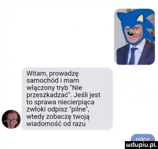 witam. prowadzę samochód i mam włączony tryb nie przeszkadzać. jus ll jest to sprawa niecierpiąca zwłokl odpisz pilne wtedy zobaczę twoją wiadomość od razu nllnn