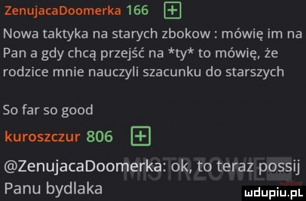 zenujacadoomerka     nowa taktyka na starych zbokow mówię im na pan a gdy chcą przejść na ty to mówię że rodzice mnie nauczyli szacunku do starszych so far so geod kuroszczur     zenujacadoomerka ok to teraz possij panu bydlaka