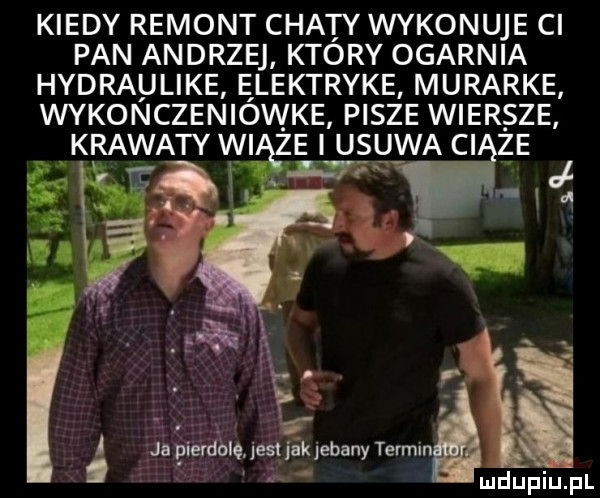 kiedy remont chaty wykonuje ci pan andrzej ktory ogarnia hydraulike ęlektryke murarke wykonczeniowke pisze wiersze krawaty wi że l usuwa ci ze ir mś w p f. i. abakankami f. l ja gierdoquemjakjebany termin. a