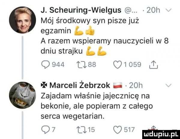 j. scheuring wielgus.   h mój środkowy syn pisze już egzamin l i a razem wspieramy nauczycieli w   dniu strajku ll                xd marceli żebrzok   h zajadam właśnie jajecznicę na bekonie ale popieram z całego serca wegetarian. q  t        m