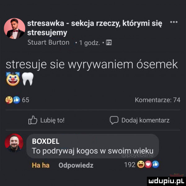 stresawka sekcja rzeczy którymi się stresujemy stuart burton   godz. el stresuje sie wyrywaniem ósemek.    komentarze    lubię w o dodaj komemarz boxdel to podrywaj kogos w swoim wieku ha ha odpowiedz     o