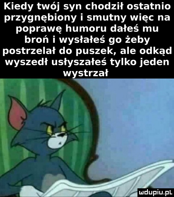 kiedy twój syn chodził ostatnio przygnębiony i smutny więc na poprawę humoru dałeś mu broń i wysłałeś go żeby postrzelał do puszek ale odkąd wyszedł usłyszałeś tylko jeden wystrzał