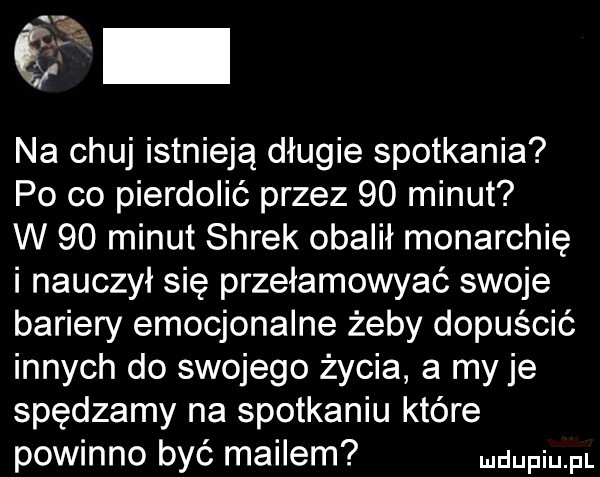 na chuj istnieją długie spotkania po co pierdolić przez    minut w    minut shrek obalił monarchię i nauczył się przełamowyać swoje bariery emocjonalne żeby dopuścić innych do swojego życia a my je spędzamy na spotkaniu które powinno być mailem