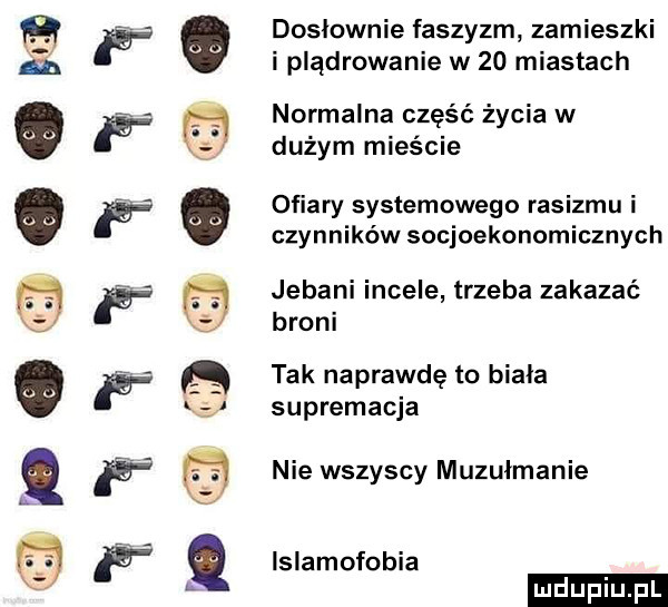 dosłownie faszyzm zamieszki i plądrowanie w    miastach normalna część życia w dużym mieście ofiary systemowego rasizmu i czynników socjoekonomicznych jebani incele trzeba zakazać broni tak naprawdę to biała supremacja nie wszyscy muzułmanie islamofobia