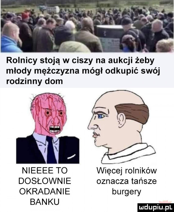 rolnicy stoją w ciszy na aukcji żeby młody mężczyzna mógł odkupić swój rodzinny dom nieeee to więcej rolników dosłownie oznacza tańsze okradanie burgery banku