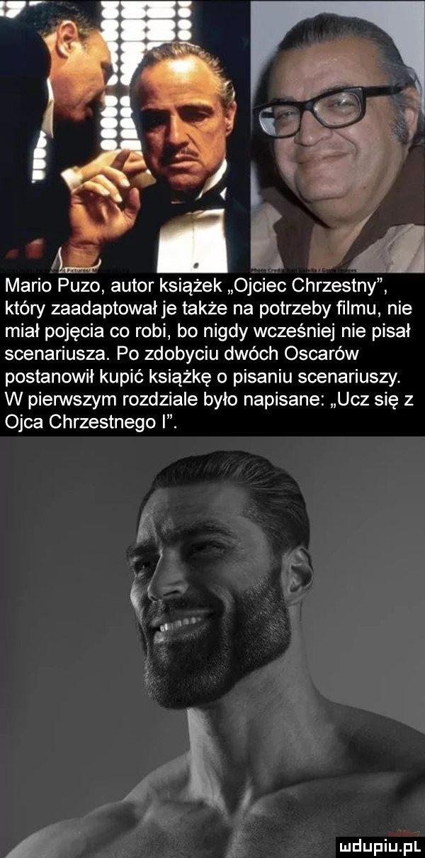 mario puzo autor książek ojciec chrzestnył który zaadaptowaije także na potrzeby ﬁlmu nie midi pojęcia co robi bo nigdy wcześniej nie pisał scenariusza. po zdobyciu dwóch oscarów postanowił kupić książkę o pisaniu scenariuszy. w pierwszym rozdziale było napisane ucz się z ojca chrzestnego i. l