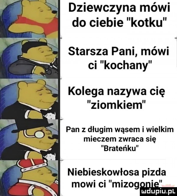 dziewczyna mówi do ciebie kotku starsza pani mówi ci kochany kolega nazywa cię ziomkiem pan   dlugim wąsem i wielkim mieczem zwraca się brateńku niebieskowłosa pizda mowi ci mizog mduplu pl