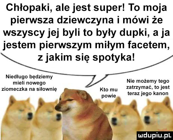 chłopaki ale jest super to moja pierwsza dziewczyna i mówi że wszyscy jej byli to były dupki a ja jestem pierwszym miłym facetem z jakim się spotyka niedługo będziemy mieli nowego ziomeczka na siłownię nie możemy tego zatrzymać tojest teraz jego kanon r   kto mu