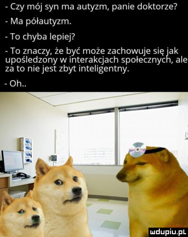 czy mój syn ma autyzm panie doktorze ma pólautyzm. to chyba lepiej to znaczy że być może zachowuje się ak upośledzony w interakcjach społecznic ale za to niejest zbyt inteligentny. oh. j