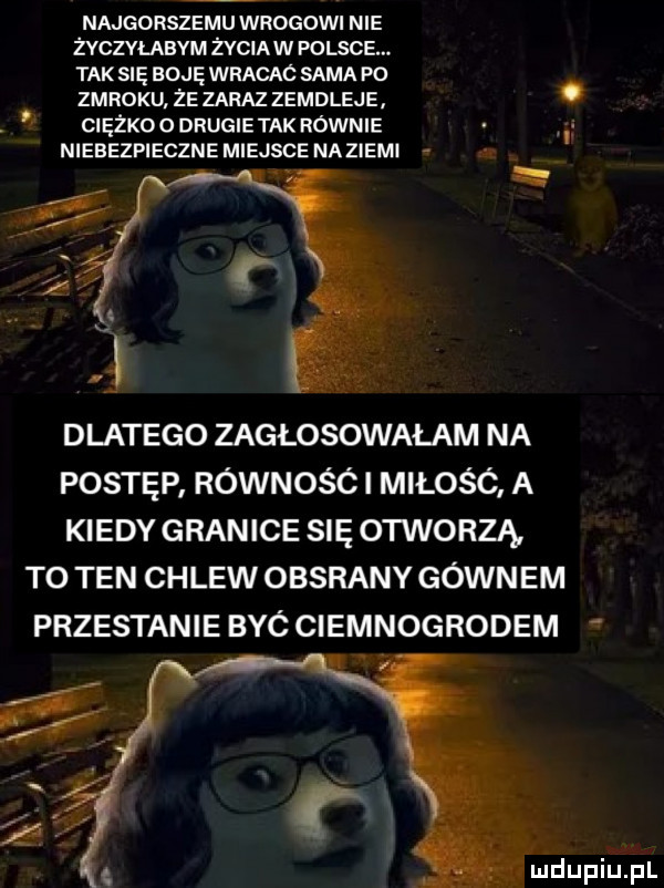 najgorszemu wrogowi nie zvczylabvm zvciaw polsce. tak sn arm wracac sama po zmroku że zaraz zemdleje. ciężko o drugie tak równie i niebezpieczne miejsce naziemi dlatego zagłosowałam na postęp równości miłośó a kiedygranice się otworzą to ten chlew obsrany gówn em przestanie byó ciemnogrodem uidupiupl