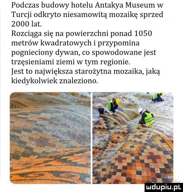 podczas budowy hotelu antakya muzeum w turcji odkryto niesamowitą mozaikę sprzed      lat. rozciąga się na powierzchni ponad      metrów kwadratowych i przypomina pognieciony dywan co spowodowane jest trzęsieniami ziemi w tym regionie. list to największa starożytna mozaika jaką kiedykolwiek znaleziono