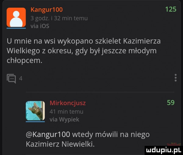 kangur        u mnie na wsi wykopano szkielet kazimierza wielkiego z okresu gdy byijeszcze mlodym chłopcem. a mirkoncjusz    kangur l    wtedy mówili na niego kazimierz niewielki