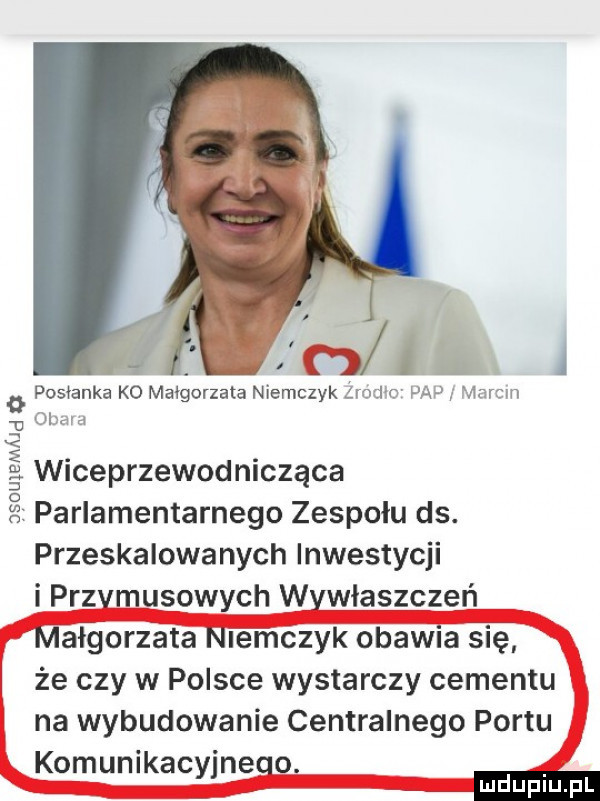 i posłanka k  małgorzata niemczyk im i o pap anrcm div ohma św wiceprzewodnicząca parlamentarnego zespołu ds. przeskalowanych inwestycji i przymusowych wywłaszczeń mafgorźata niemczyk obawia się że czy w polsce wystarczy cementu na wybudowanie centralnego portu komunikac ne o. y q