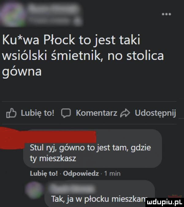 ku wa płock to jest taki wsióiski śmietnik no stolica gówna ﬂ lubię to c komentarza udostępnij. skui ryj gówno to jest tam gdzie ty mieszkasz lubię to odpowiedz   min tak ja w płocku mieszkarrmdupiu fl