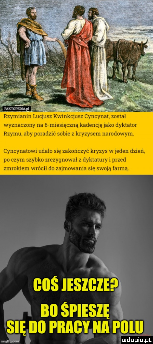 mmmm pr rzymianin lucjusz mekcjusz cyncynat został wyznaczony na órmresręczną kadencję abo dyktator rzymu. aby poradzrc sobie z kryzysem narodowym cyncynalowr udalo się zakonczyc kryzys w jeden dzren po czym szybko zrezygnował z dyktatury   przed zmrokiem wroci do zajmowała się swoją iarmą cnśrrszczrńr nn śpieszę su no pnncv un poru m naum