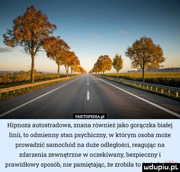 faktopedia pl hipnoza autostradowa znana również jako gorączka bialej linii to odmienny stan psychiczny w którym osoba może prowadzić samochód na duże odległości reagując na zdarzenia zewnętrzne w oczekiwany bezpieczny i prawidlowy sposób nie pamiętając że zrobiła to dupiupl