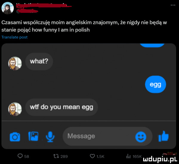 czasami wspólcluję moim angielskim znajomym że nigdy nie będą w stanie pojąć hiw finny am in polish nemie m miał mfdoyoumeanogg a a q message e. c   mdupiﬂupl