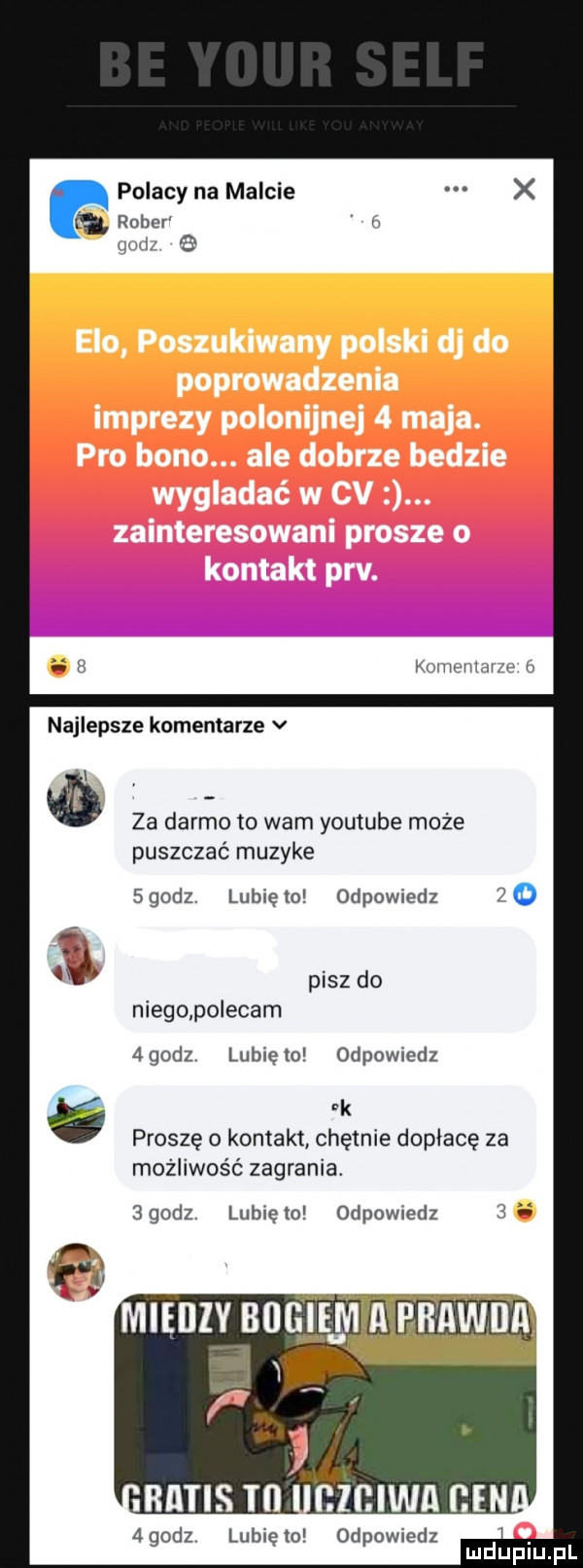 a polacy na malcie rober w   kumtuldvze za darmo to wam youtube może puszczać muzyke sgodz lunięto odpowiedz  o pisz do niego polecam   godz lubię to odpowiedz k proszę o kontakt chętnie dopłacę za możliwość zagrania.  godz. lunięto odewiedz lubię to odpowiedz. mduplu pl