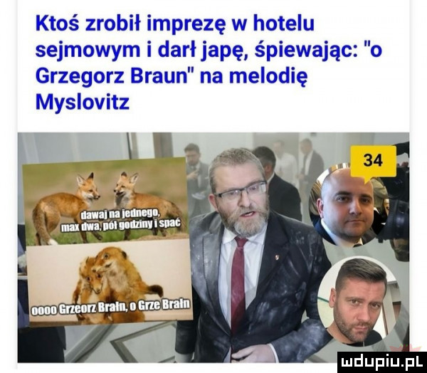 ktoś zrobił imprezę w hotelu sejmowym i darłjapę śpiewając   grzegorz braun na melodię myslovitz