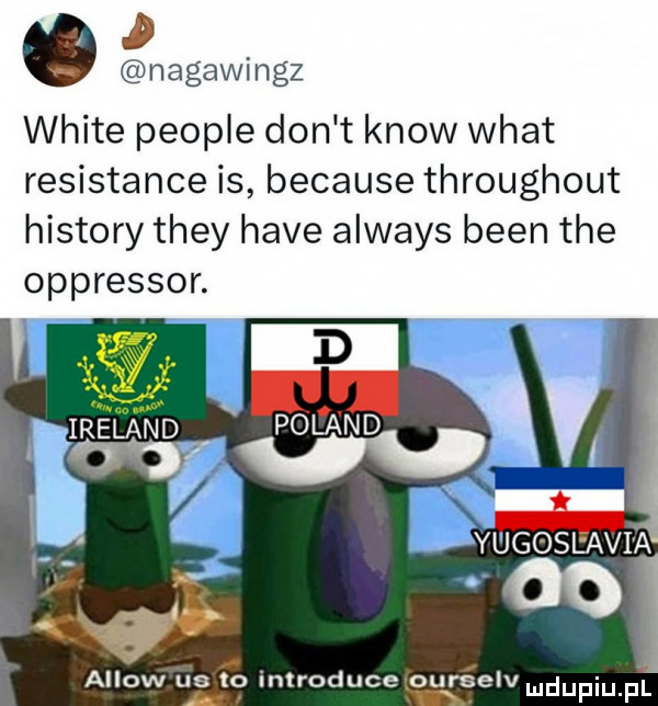 i nagawingz white people don t know wiat resistance is because throughout histony they hace always bean tee oppressor. allow us to introduce ou rselv
