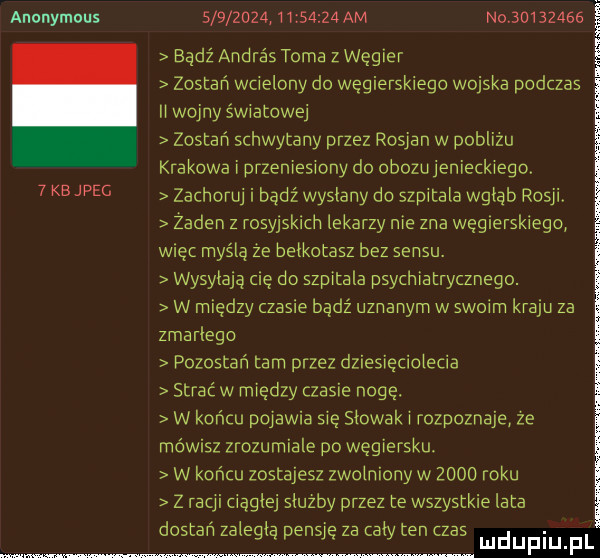 anonymous  kbjpec                  am noname bądź ankra s toma z węgier zostań wcielony do węgierskiego wojska podczas ii wojny światowej zostań schwytany przez rosjan w poblizu krakowa i przeniesiony do obozu jenieckiego zachoruj i bądź wyslany do szpitala wglab rosji zaden z rosyjsk ch lekarzy nie zna wag emskiego więc myślę ze belkotasz bez sensu. wypylają c ę do szpitala psychiatrycznego. w między czasie bądź uznanym w swoim kraju za zmarlego pozostań tam przez dziesięciolecia strać w między czasie nogę. w końcu pojawia się słowak i rozpoznaje ze mówisz zrozumiale po węgiersku w końcu zostajesz zwolniony w      roku z rabi ciągle służby przez te wszystkie lata dostan zaległą pensję za caly ten czas