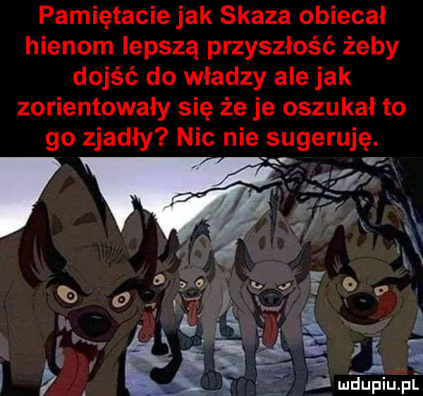 pamiętacie jak skaza obiecał hienom lepszą przyszłość żeby dojść do władzy ale jak zorientowały się że je oszukał to go zjadły nic nie sugeruję. abakankami v ę. abakankami