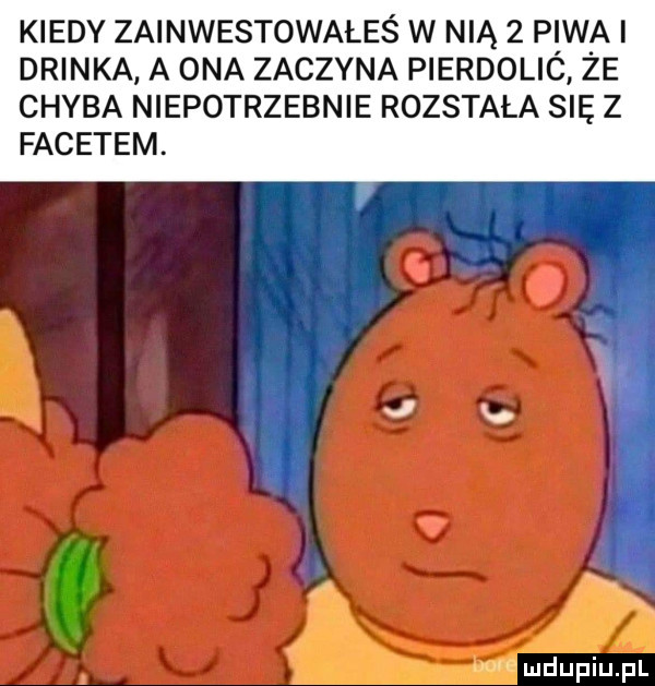 kiedy zainwestowałeś w nią   piwa i drinka a ona zaczyna pierdolió że chyba niepotrzebnie rozstała się z facetem