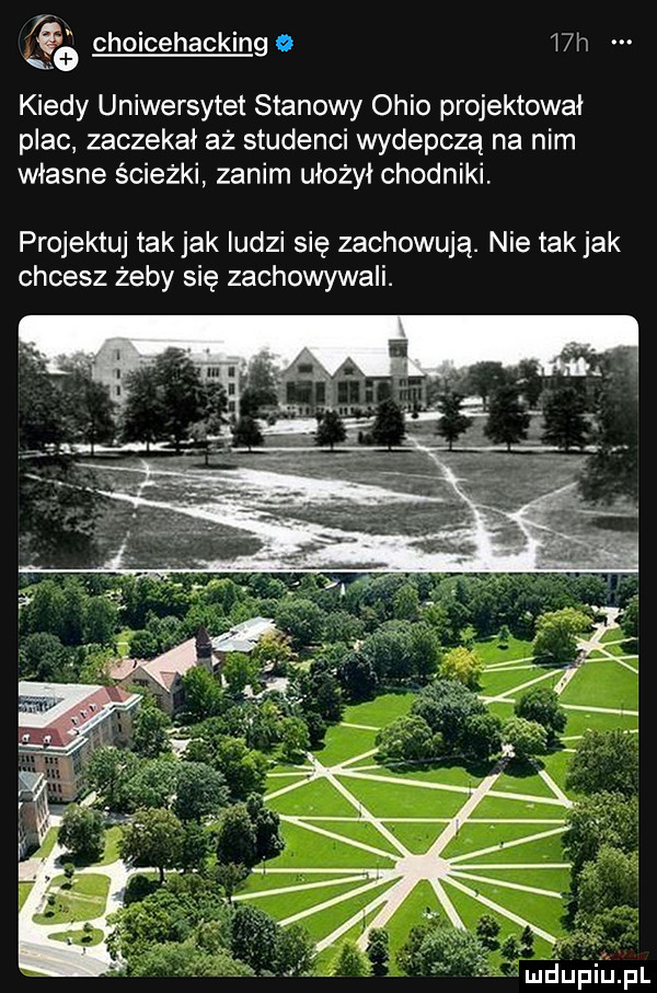 abakankami.     chalcehacking o   h kiedy uniwersytet stanowy ohio projektował plac zaczekał aż studenci wydepczą na nim własne ścieżki zanim uiożyi chodniki. projektu tak jak ludzi się zachowują. nie tak jak chcesz żeby się zachowywali