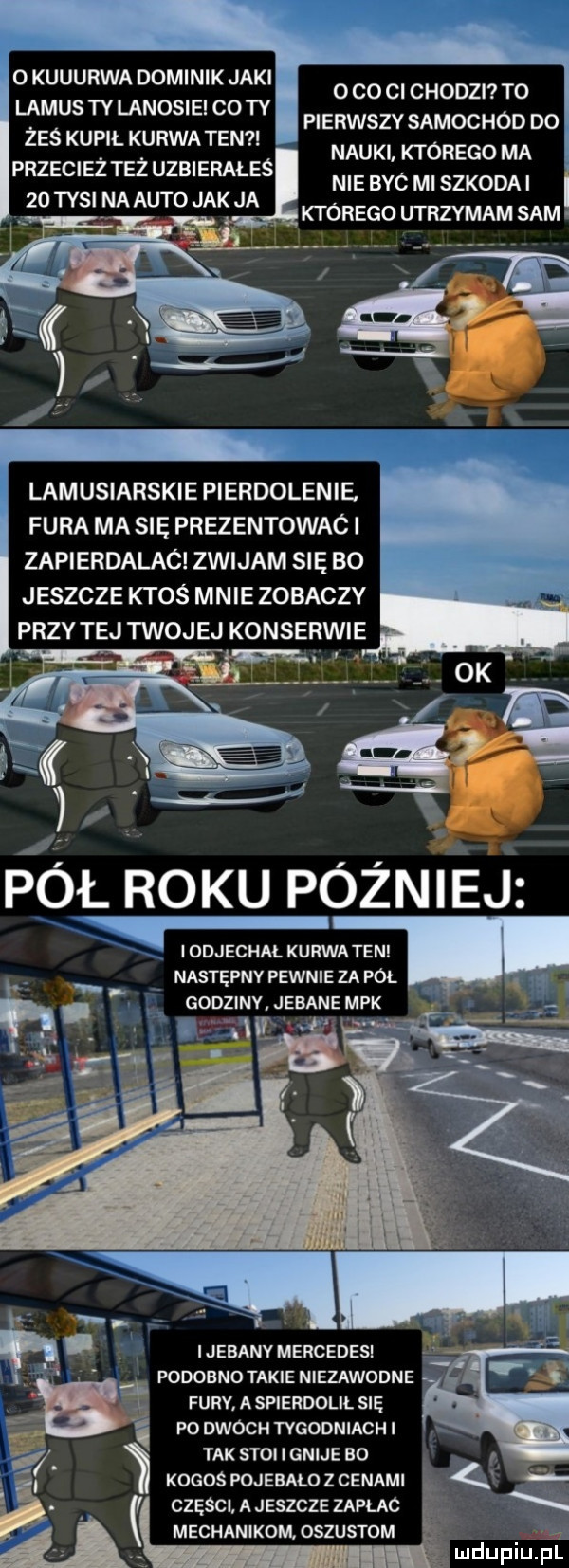 o kuuurwa dominik jaki lamus ty lanosiei co ty żeś kupił kurwa ten i przecież też uzbierałeś    tysi na auto jak ja o co ci chodzi to pierwszy samochod do nauki którego ma i nie byc mi szkoda i którego utrzymam sam lamusiarskie pierdolenie fura ma się prezentowali zapierdalac zwijam się bo jeszcze ktoś mnie zobaczy przy tej twojej konserwie f i odjechał kurwa tani następny pewnie za pół ebane mpk ijebanv mercedesi podobno takie niezawodne furv a spierdolil się po dwoch tygodniach i tak stoi i gnije bo kogos pojebało z cenami części a jeszcze zaplac mechanikom. oszustom