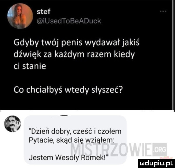 stef gdyby twój penis wydawałjakis dźwięk za każdym razem kiedy ci stanie co chciałbyś wtedy słyszeć dzień dobry cześć i czołem pytacie skąd się wziąłem jestem wesoły romek. mduplu pl