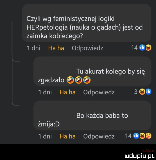 czyli wg feministycznej logiki herpetologia nauka o gadach jest od zaimka kobiecego  an ha ha odpowiedz      tu akurat kolego by się zgadzało       dni ha ha odpowiedz  e. bo każda baba to żmijazd  an haba odpowiedz