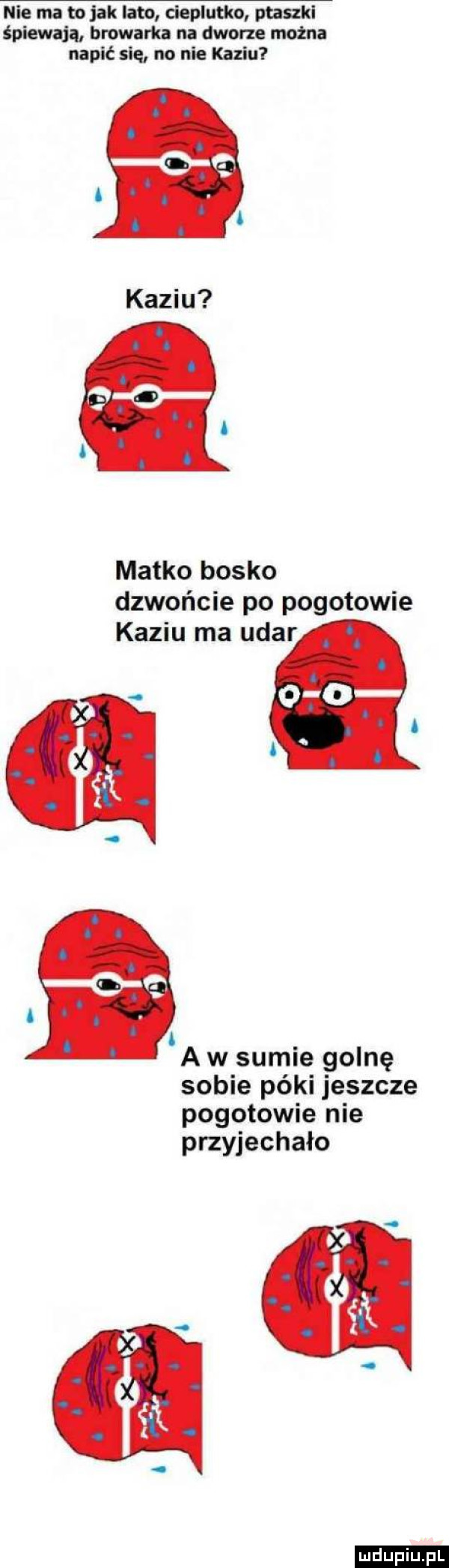 nie ma to jak lato cieplutko ptaszki śpiewają browarka na dworze można napić się no nie kaziu matko bosko dzwońcie po pogotowie kaziu ma udar i l aa w sumie golnę sobie póki jeszcze pogotowie nie przyjechało ludu iu. l