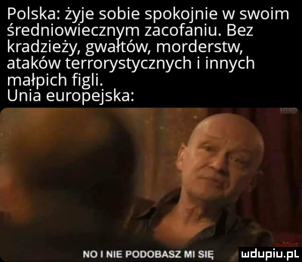 polska żyje sobie spokojnie w swoim średniowieczn m zacofaniu. bez kradzieży gna ów morderstw ataków terrorystycznych i innych małpich figli. unia europejska   no i nie podobasz ml się