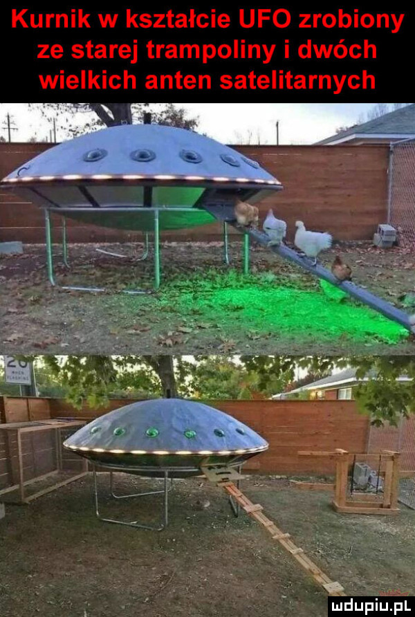 kurnik w kształcie ufo zrobiony ze starej trampoliny i dwóch wielkich anten satelitarnych m clupiuąal