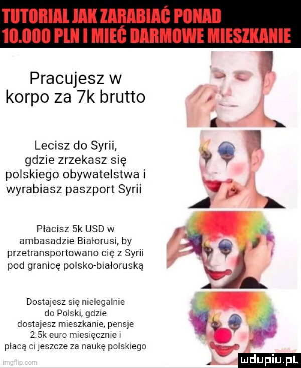 pracujesz w korpo za  k brutto lecisz do syrii gdzie zrzekasz się polskiego obywatelstwa i wyrabiasz paszport syrii placisz  k usd w ambasadzie bialorusi by przetransportowano cię z syrii pod granicę polskofbialoruską dostajesz się nielegalnie do polski. gdzie dostajesz mieszkanie. pensis z sk euro miesięcznie i płacą ci leszcze za naukę polskiego nidupiupl